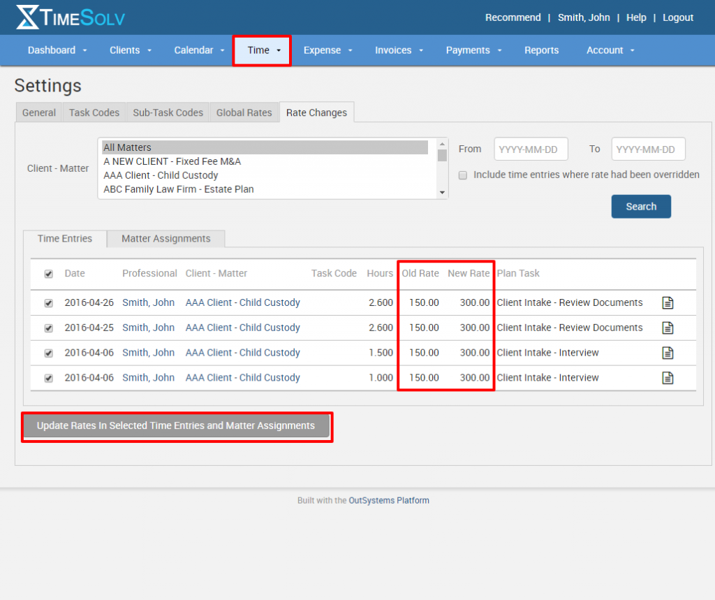 Making rate changes screen shot