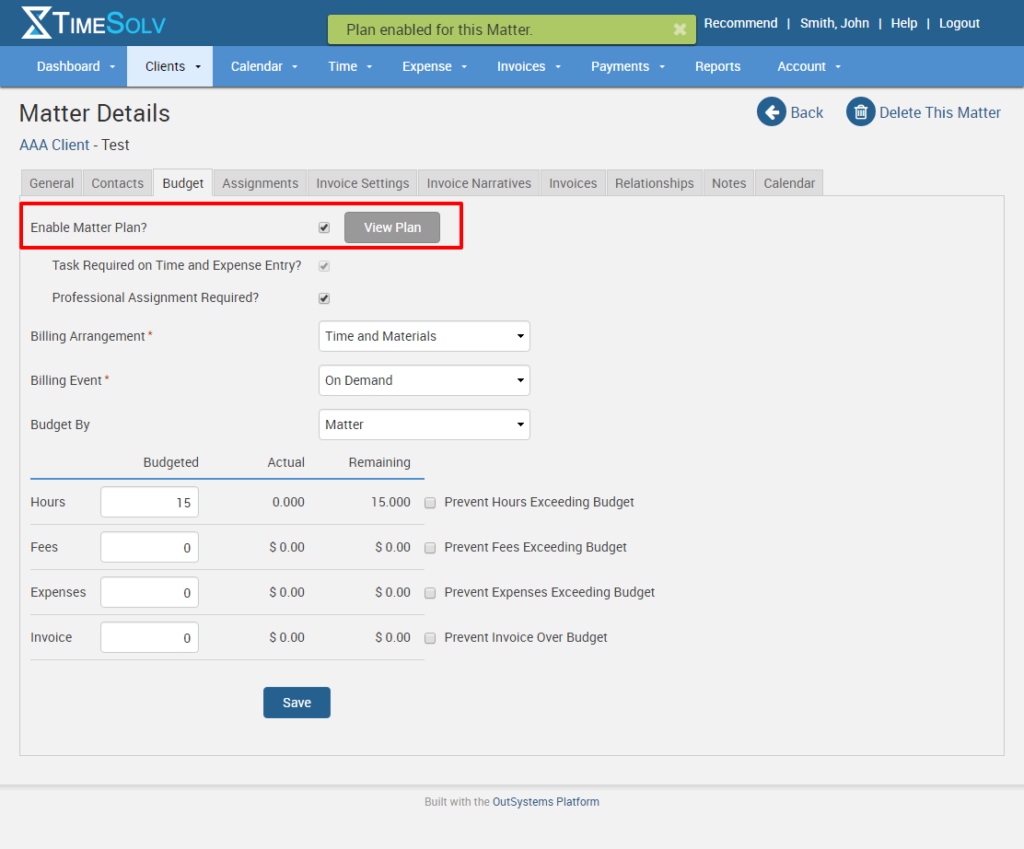 Enable a matter plan