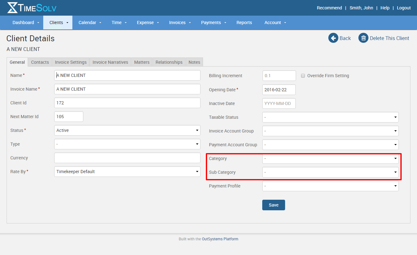 Choose the category for a client