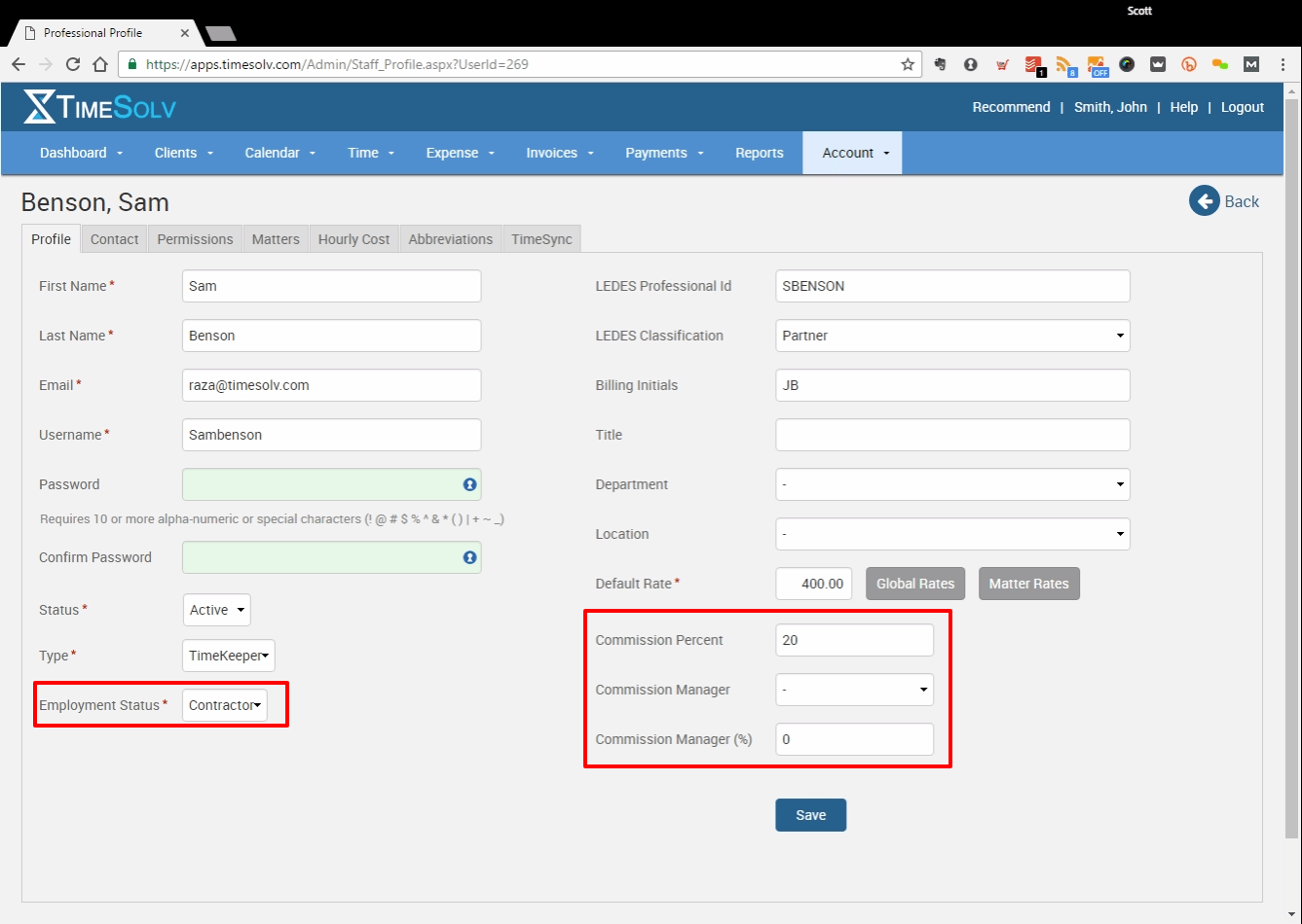 Professional settings in TimeSolv