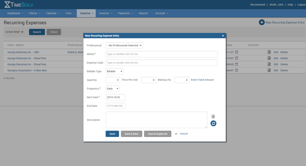 Recurring expense entry