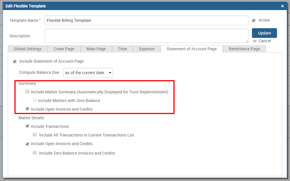 Statement of Account summary options