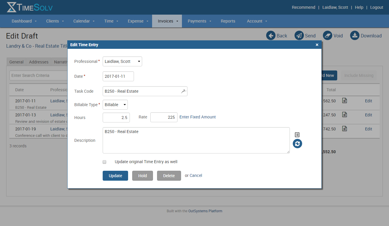 Edit draft invoice time entry