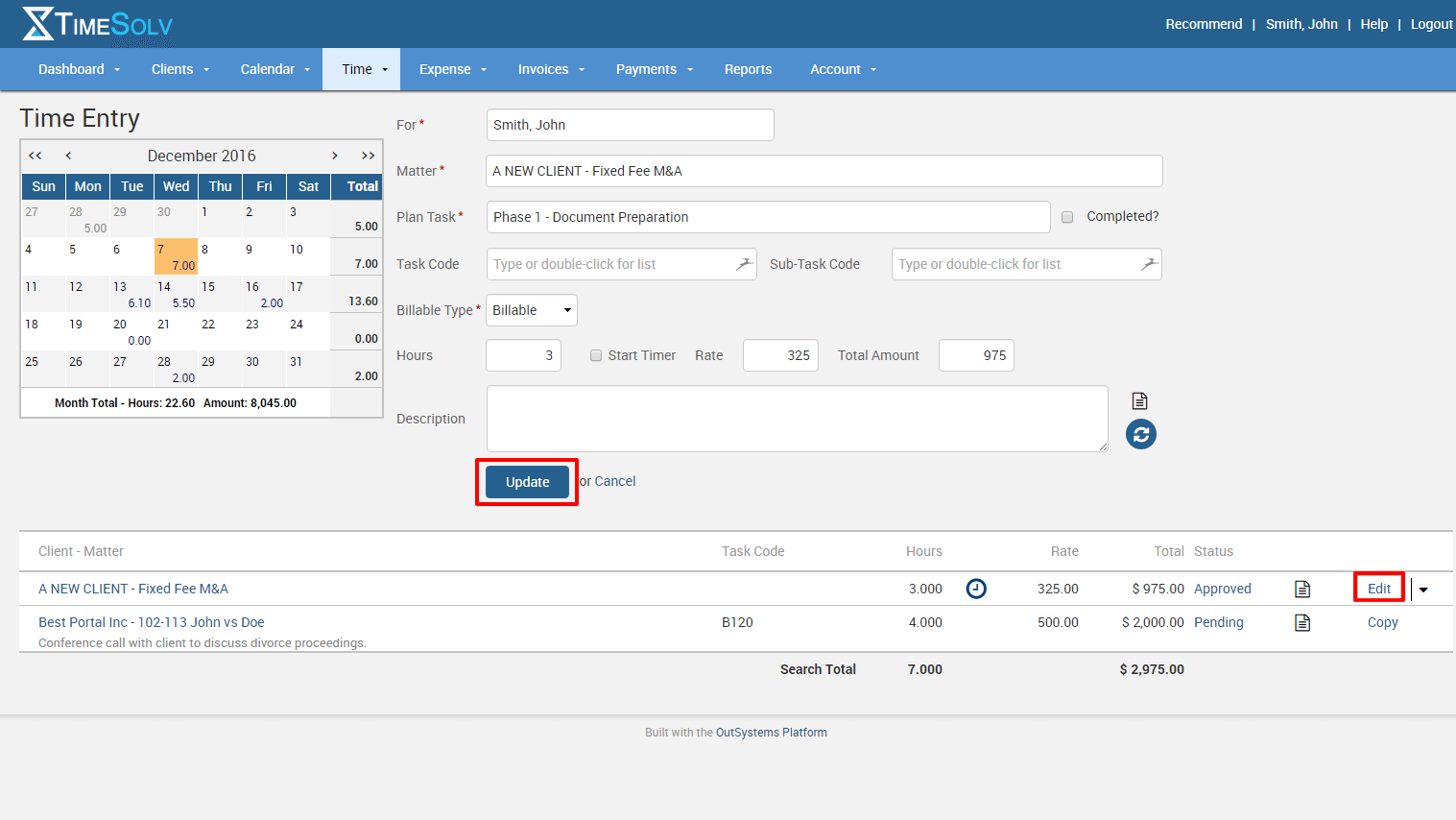 Updating the date on a time entry