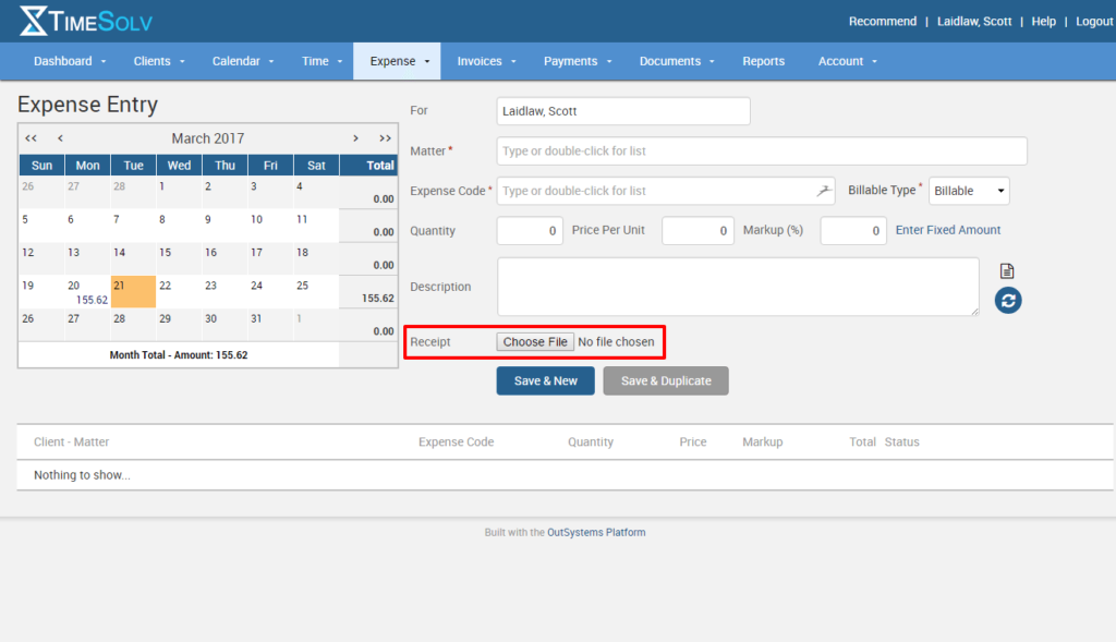 Attaching receipts to expense entries