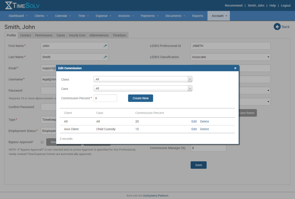 Setting commission rate by client or matter