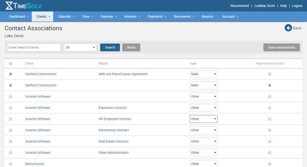 Contact associations window