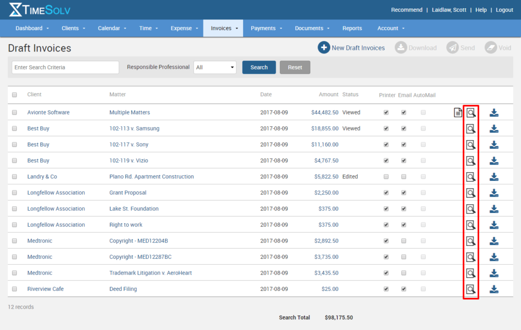 Draft invoice previewer