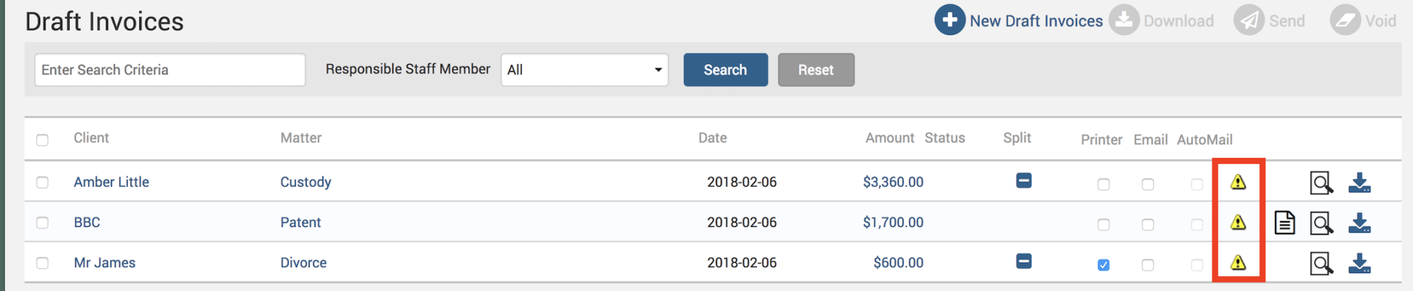 Yellow error icons displayed in the draft invoices interface
