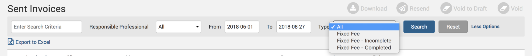 Sent invoices interface showing various options and actions available