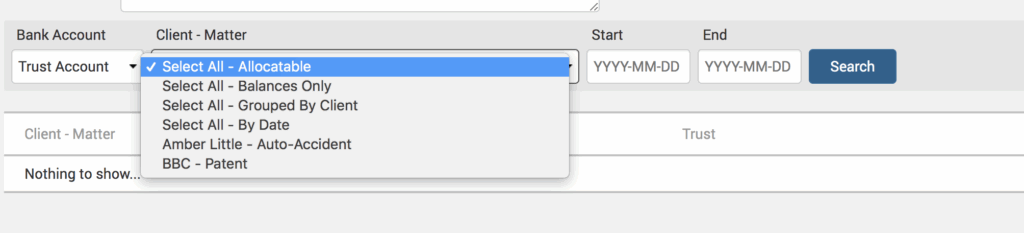 Client matter options on a legal software interface