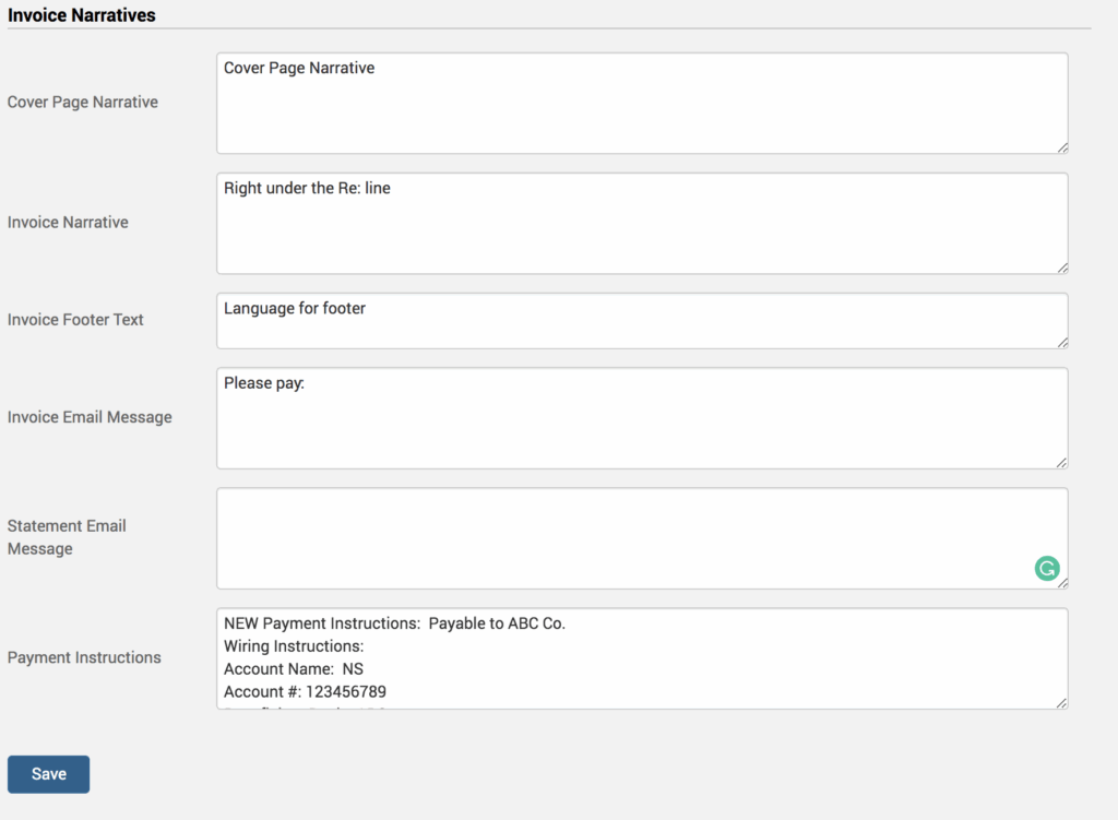 Invoice narratives interface displaying an example of an invoice footer message