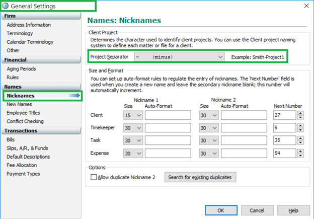Timeslips General Settings